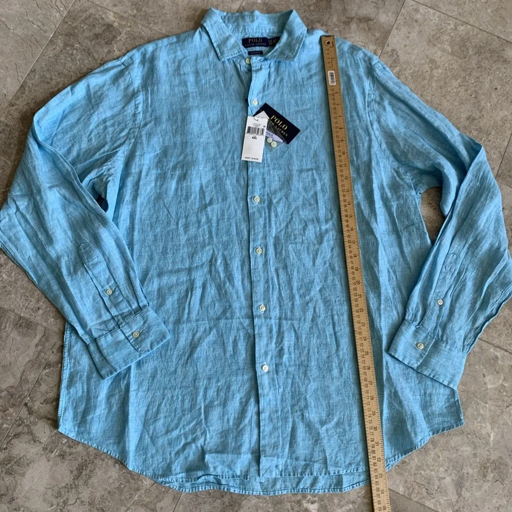 Polo Ralph Lauren Shirt Mens 2XL Classic Fit Blue 100% Linen Long Sleeve Button